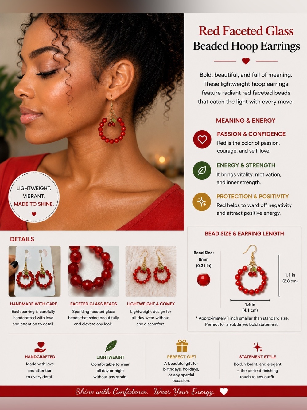 Red Faceted Glass Beaded Hoop Earrings | Lightweight Statement Hoops